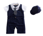 Fennco Styles - Navy Blue Formal Adjustable Tie Baby Romper and Hat: 80/6-12m