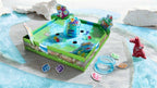 Dragon's Breath Game tabletop setup with colorful dragon-themed pieces, rings, and tokens on a green board, designed for imaginative play and educational fun.