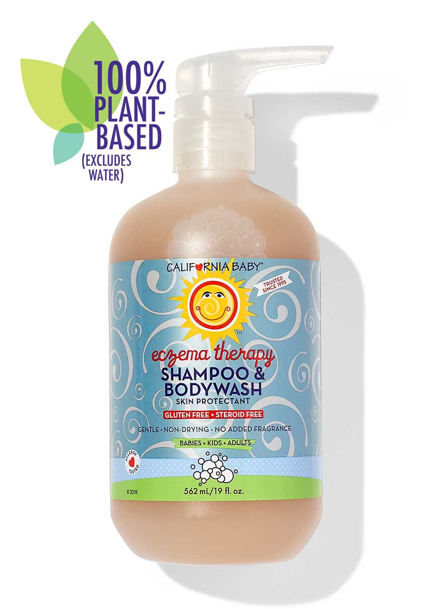 California Baby - Therapeutic Relief™ Eczema Shampoo & Bodywash in a pump bottle with blue label featuring eczema therapy for babies, kids, and adults, 100% plant-based formula.
