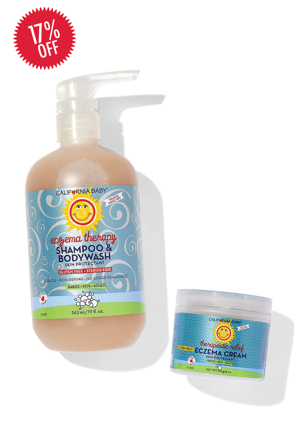 California Baby - Eczema Cream + Wash Bundle featuring gentle, gluten-free eczema therapy shampoo, bodywash, and cream for babies, kids, and adults with soothing, non-drying formula.