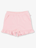 RuffleButts + RuggedButts - Girls Pink Knit Ruffle Trim Shorts: Pink, featuring soft knit fabric, elastic waistband, side pockets, and ruffle trim at the hem for stylish comfort.