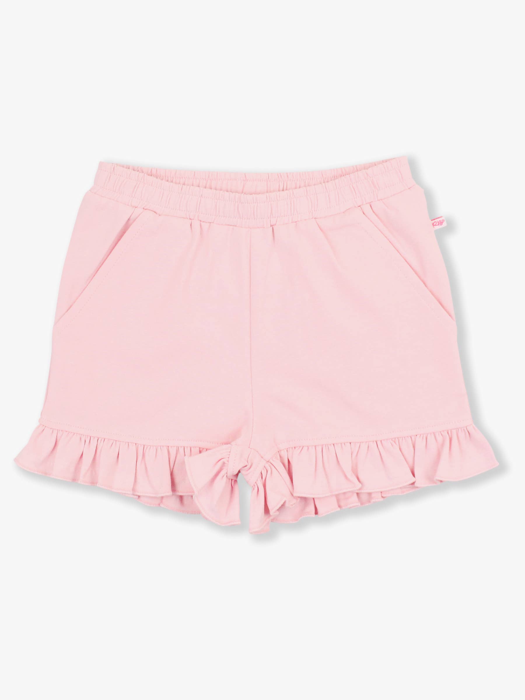 RuffleButts + RuggedButts - Girls Pink Knit Ruffle Trim Shorts: Pink, featuring soft knit fabric, elastic waistband, side pockets, and ruffle trim at the hem for stylish comfort.