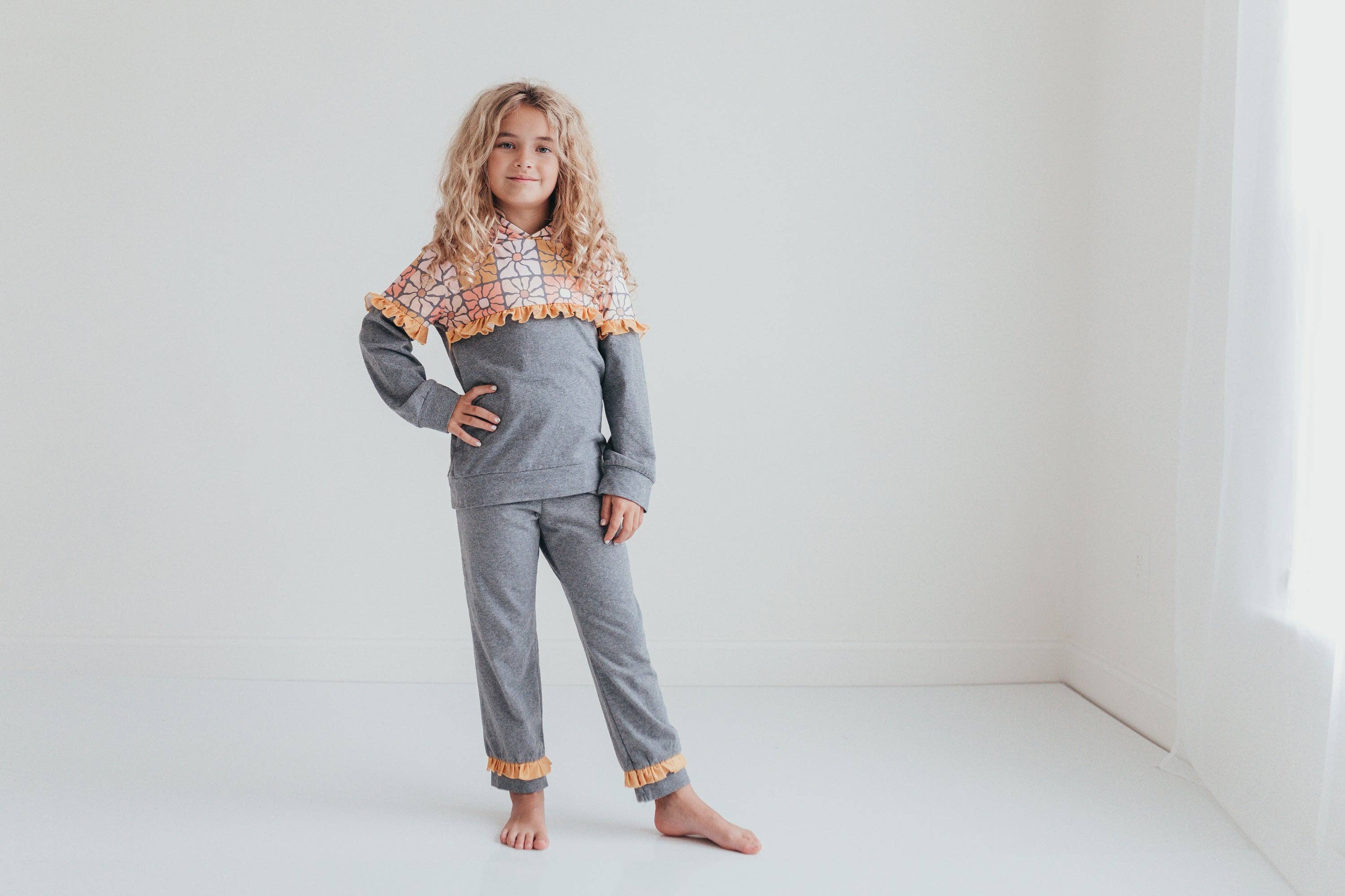 Gray & Mustard Flower Hoodie Sweatpant Loungewear Set