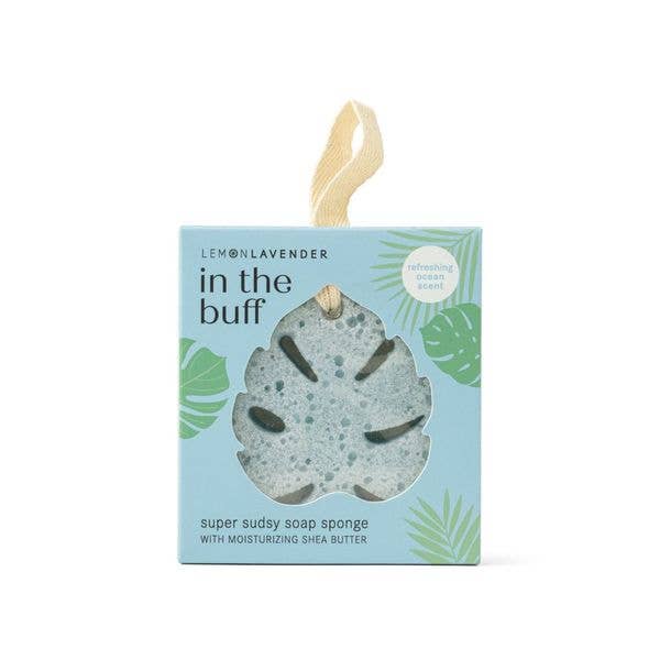 Lemon Lavender - In The Buff Super Sudsy Soap Sponge shaped like a leaf in light blue packaging with moisturizing shea butter and a refreshing ocean scent, stylish bath essential.
