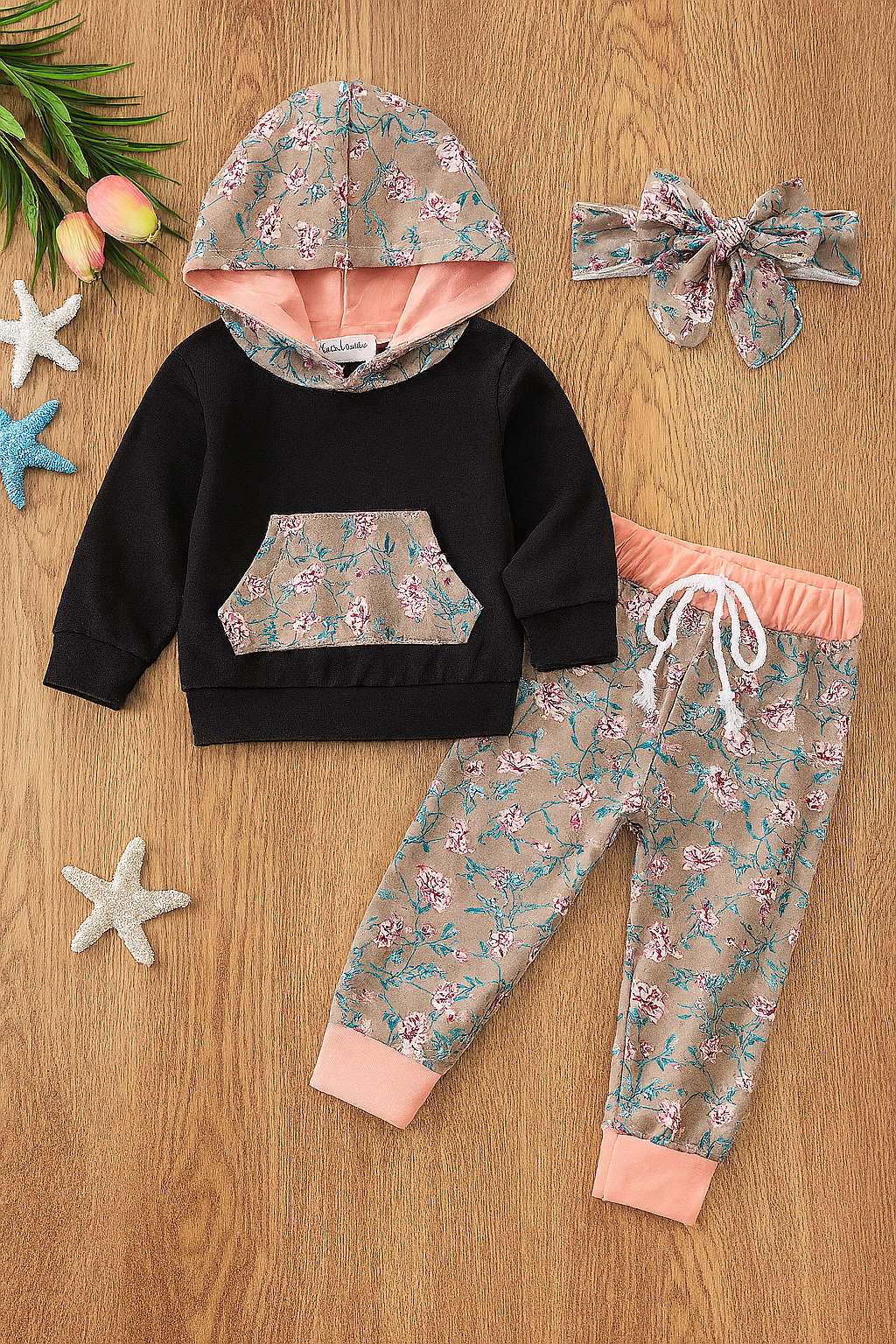 Fennco Styles - Black-Pink Baby Hoodie, Pants & Headband: 3-6m