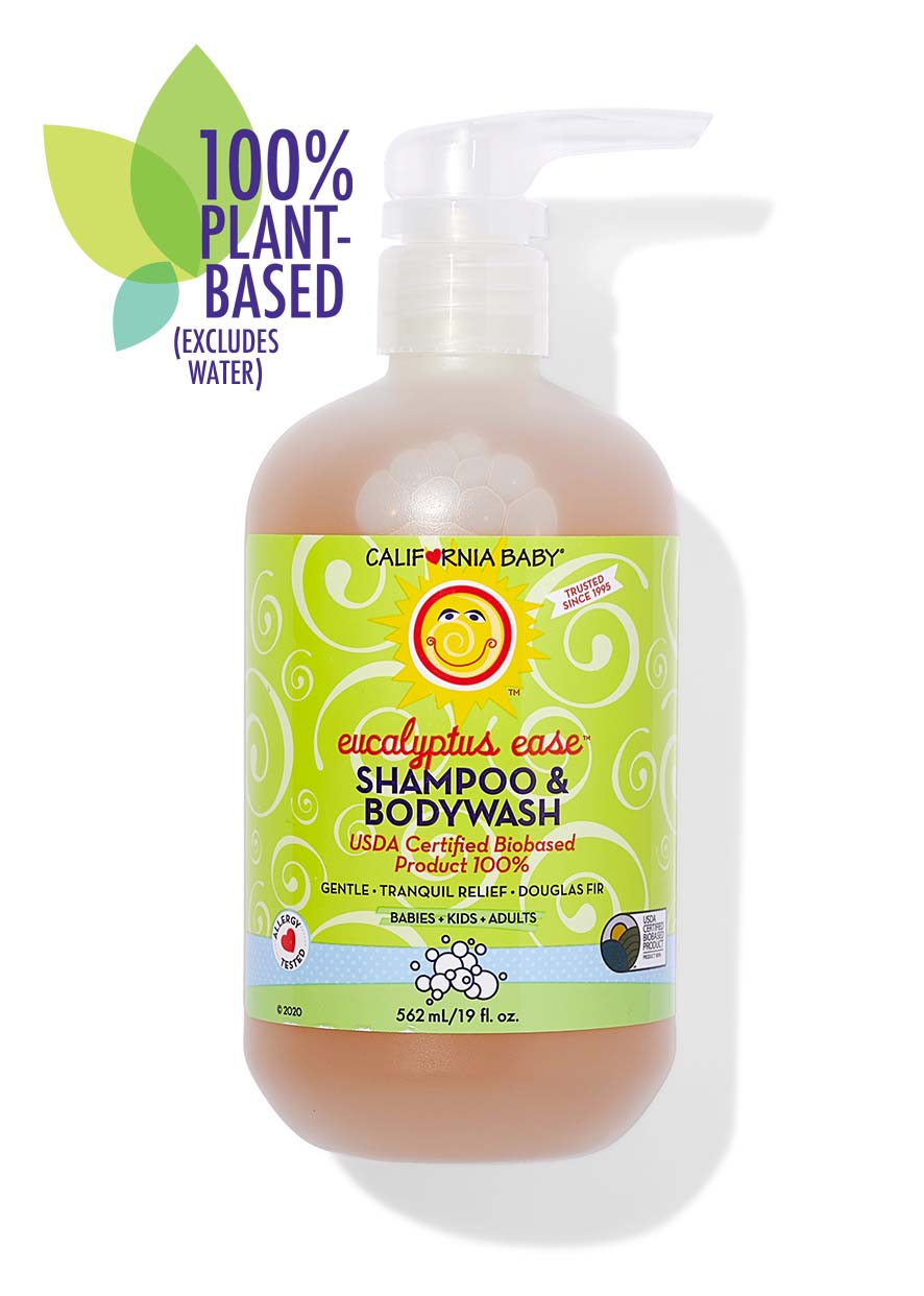 California Baby - Eucalyptus Ease™ Shampoo & Bodywash in a pump bottle with bright green and yellow label, featuring gentle, 100% plant-based ingredients for babies and adults.