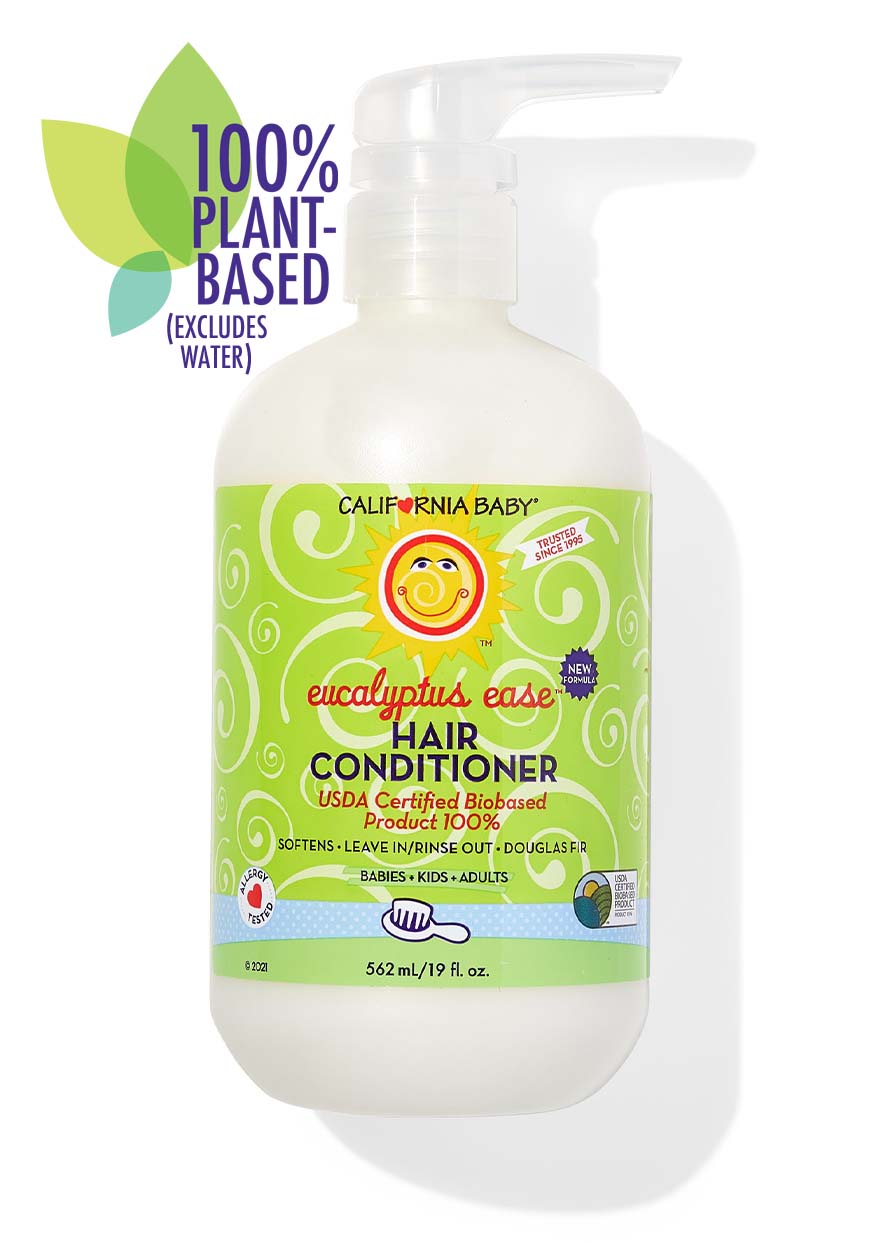 Bottle of California Baby - Eucalyptus Ease™ Hair Conditioner featuring a green label with natural, plant-based ingredients, designed for babies, kids, and adults.