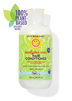 Bottle of California Baby - Eucalyptus Ease™ Hair Conditioner with light green label featuring a smiling sun logo, highlighting 100% plant-based ingredients and suitability for babies, kids, and adults.