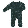 babysoy Inc - Babysoy Pattern Print Zipper Footie: Space-Pirate in dark fabric with white space-themed illustrations including rockets, planets, and stars, a cozy and stylish essential from a curated children’s boutique.