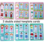 Dress Me Threading & Lacing Game featuring colorful double-sided cards with children’s clothing and accessories for imaginative play, promoting fine motor skills and sensory learning.