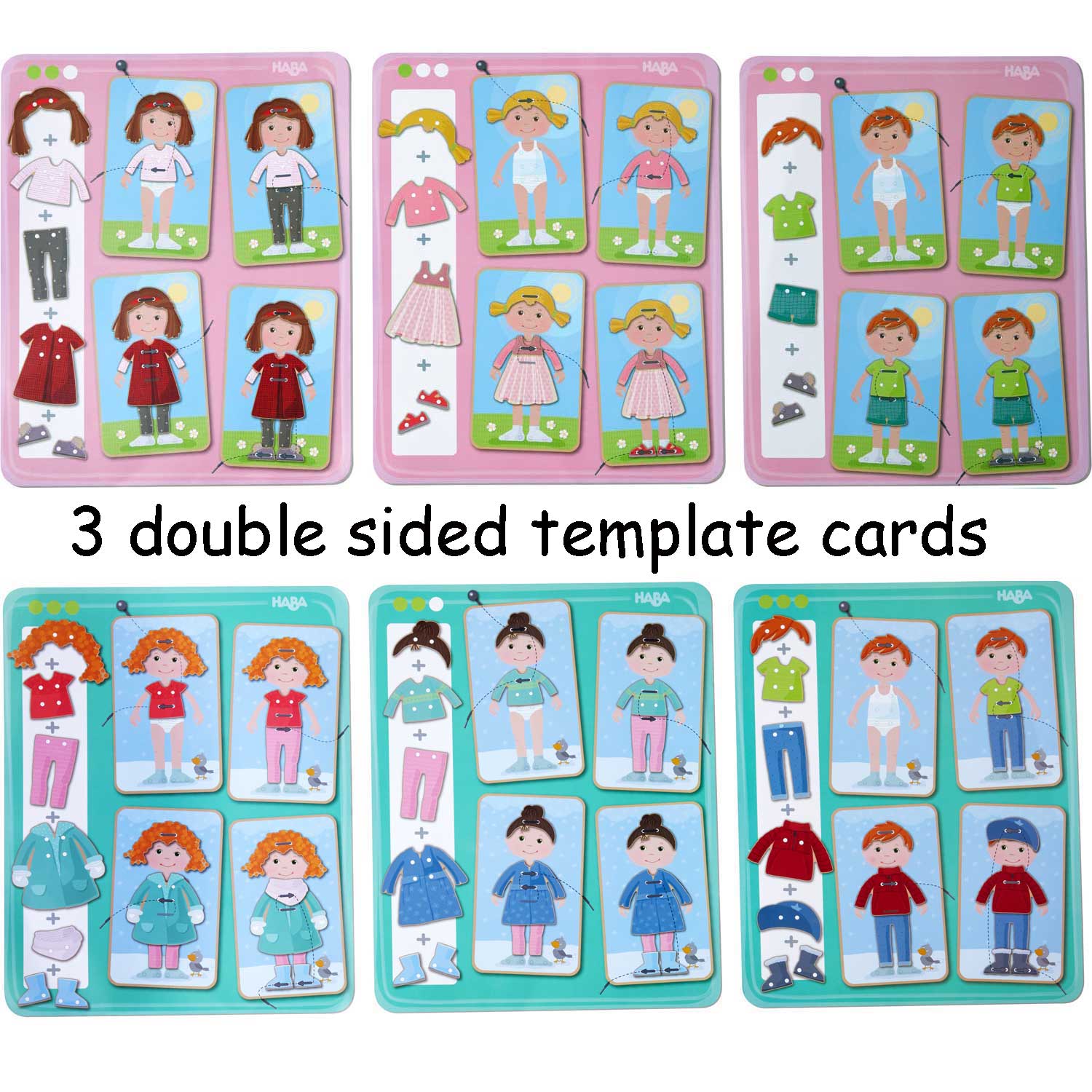 Dress Me Threading & Lacing Game featuring colorful double-sided cards with children’s clothing and accessories for imaginative play, promoting fine motor skills and sensory learning.