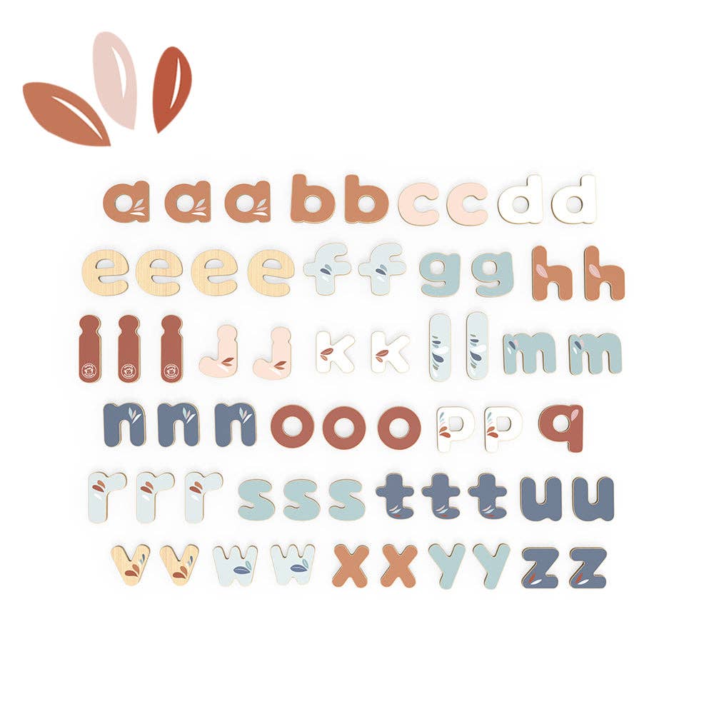 Speedy Monkey - Magnetic Letters 60 pcs arranged in neat rows featuring soft neutral colors and playful designs, perfect for imaginative play and early learning.