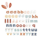 Speedy Monkey - Magnetic Letters 60 pcs arranged in neat rows featuring soft neutral colors and playful designs, perfect for imaginative play and early learning.