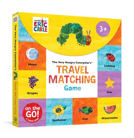 The Travel Matching Game Board Book featuring colorful illustrations from The Very Hungry Caterpillar, designed for imaginative play and early learning for children aged 3 and up.
