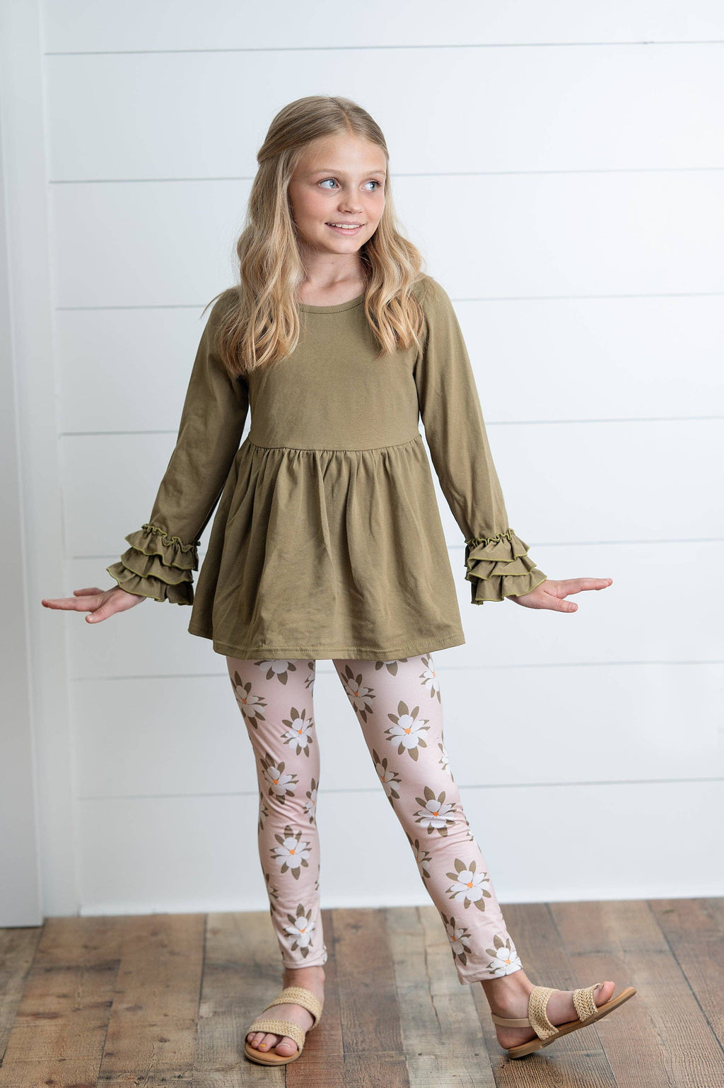 Adorable Sweetness - Girls Sage Green 3 Ruffles Shirt & Floral Leggings Fall Set