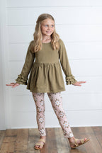 Adorable Sweetness - Girls Sage Green 3 Ruffles Shirt & Floral Leggings Fall Set