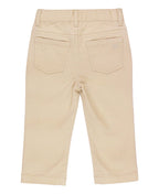 Back view of RuffleButts + RuggedButts - Boys Khaki Stretch Chino Pants: Off-White, showcasing soft neutral fabric and durable stitching for stylish kids clothing in a curated children’s boutique.