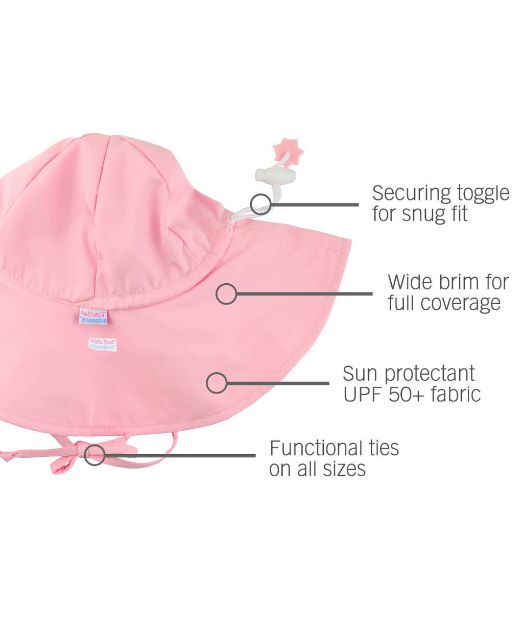 Pink kids sun protective hat with wide brim, securing toggle, sun shield UPF 50+ fabric, and functional ties, designed for comfort and safety in the RuffleButts + RuggedButts - Kids Sun Protective Hat collection.