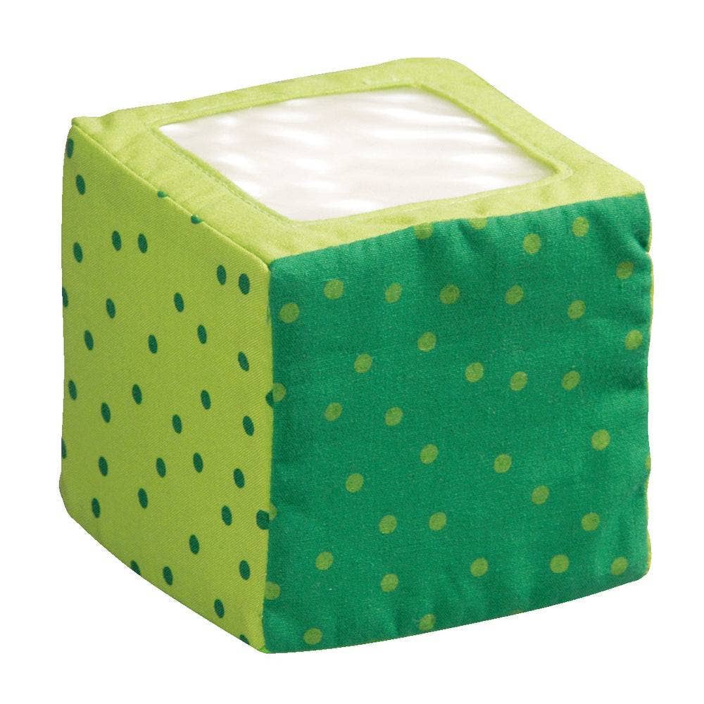 Happy Quartett Baby's 4 Piece Soft Block Set in green with polka dots, featuring soft fabric and sensory elements for imaginative play and early learning.