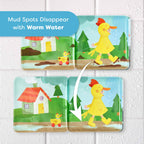 Magic Muddy Day Color Changing Bath Book showing colorful pages where mud spots disappear with warm water, designed for sensory play and imaginative learning for kids.