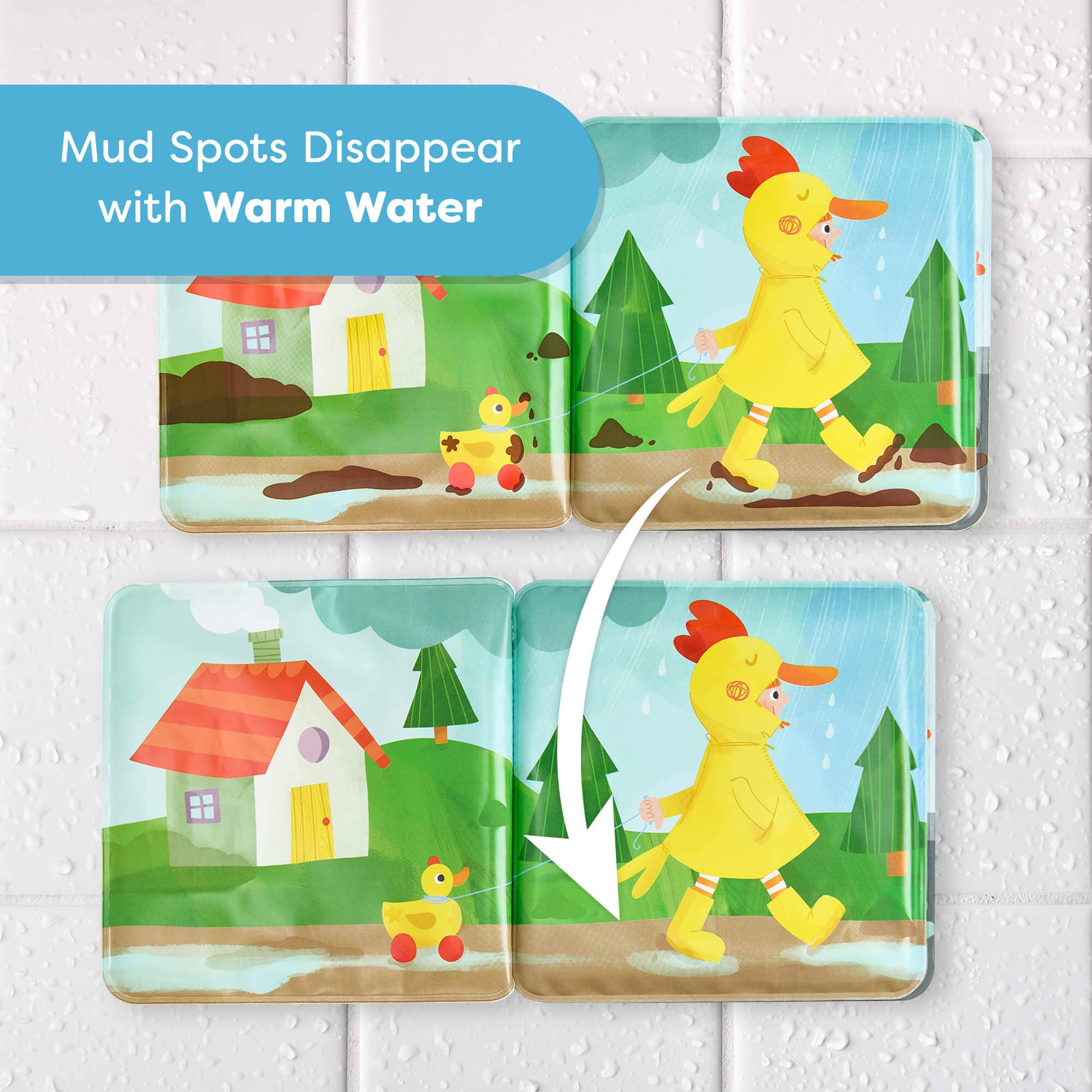 Magic Muddy Day Color Changing Bath Book showing colorful pages where mud spots disappear with warm water, designed for sensory play and imaginative learning for kids.