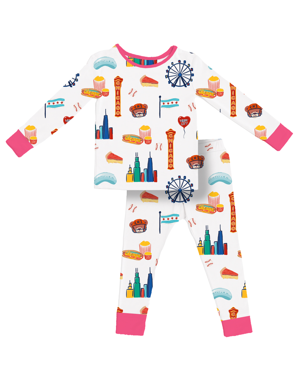 Two-Piece Pajamas - Bamboo - Pink Chicago featuring colorful Chicago-themed illustrations on soft bamboo fabric with pink trim, perfect cozy baby pajamas from a curated children’s boutique.