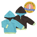 Two reversible baby hoodies in ocean blue and brown with light green trim, showcasing babysoy Inc - Baby & Toddler Hoodie: Ocean, a stylish essential for little ones and moms.