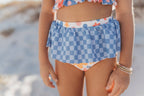 Adorable Sweetness - Girls Retro Checkered Flower Power 2 Piece Skirted Swimsuit