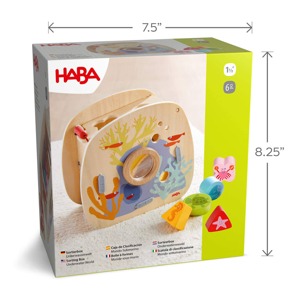Underwater World Wooden Shape Sorter by HABA, a natural wood educational toy with colorful underwater-themed shapes designed for imaginative play and sensory development.