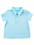 RuffleButts + RuggedButts - Boys Bright Aqua Micro Stripe Knit Short Sleeve Performance Polo: Blue, a breathable, soft fabric polo perfect for stylish kids clothing in a curated children’s boutique.