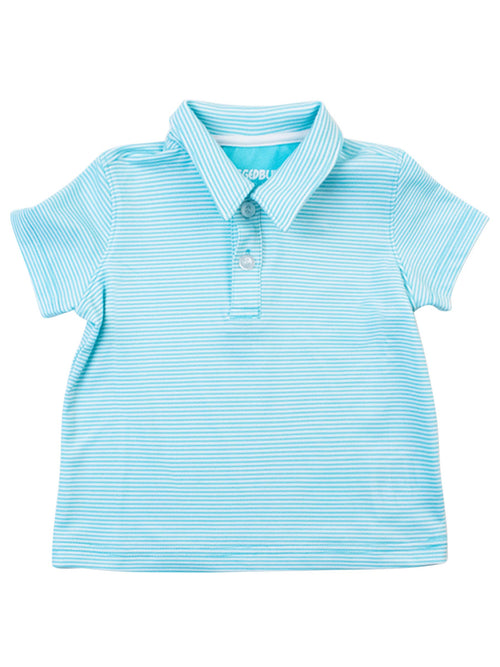 RuffleButts + RuggedButts - Boys Bright Aqua Micro Stripe Knit Short Sleeve Performance Polo: Blue, a breathable, soft fabric polo perfect for stylish kids clothing in a curated children’s boutique.