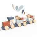 Speedy Monkey - Stacking Train wooden toy with soft, neutral colors and playful monkey faces, perfect for imaginative play and educational fun in a curated children’s boutique.