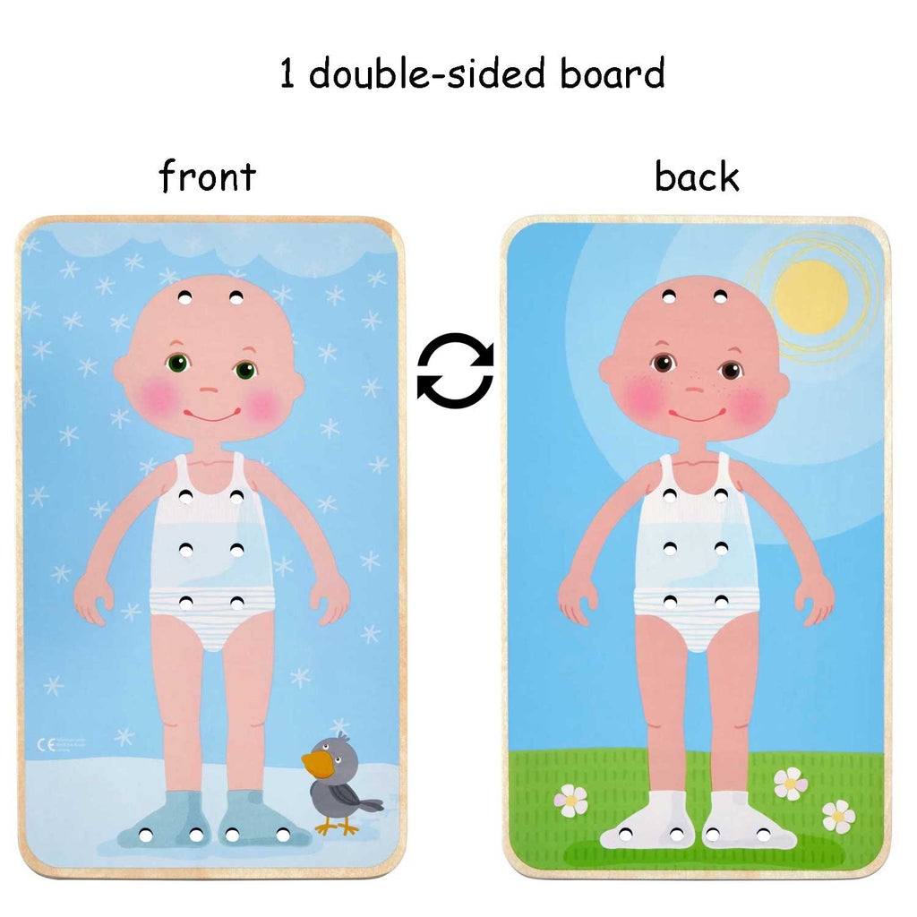 Double-sided wooden board for the Dress Me Threading & Lacing Game showing a child figure with lacing holes on both sides, designed for educational play and fine motor skills development.