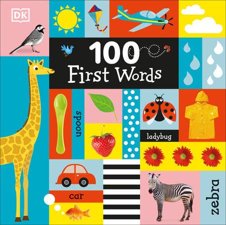Cover of the book Penguin Random House LLC - 100 First Words featuring colorful illustrations of a giraffe, zebra, ladybug, car, spoon, strawberry, sun, airplane, and raincoat for playful learning.