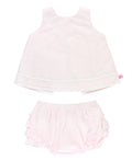 RuffleButts + RuggedButts - Baby Girls Pink Seersucker Ric Rac Swing Top & Bloomer Set: Pink, featuring soft pink striped fabric with ric rac trim, perfect for a stylish children’s boutique.
