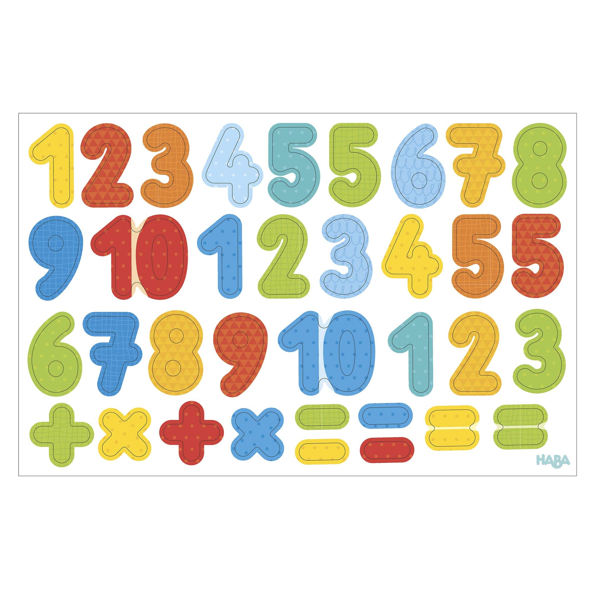 Colorful magnetic numbers and math symbols in red, blue, green, and yellow, designed for educational play with the 1, 2 Numbers & You Magnetic 158 Piece Game Box, perfect for imaginative learning and sensory play.