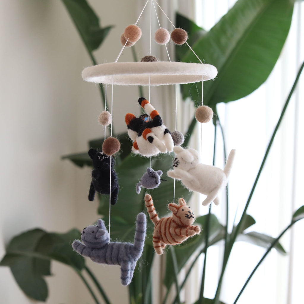 Mobile - Felt Baby - Cat featuring soft felt cats in neutral and muted tones hanging from a circular frame, perfect for a modern baby nursery or as a unique baby gift.
