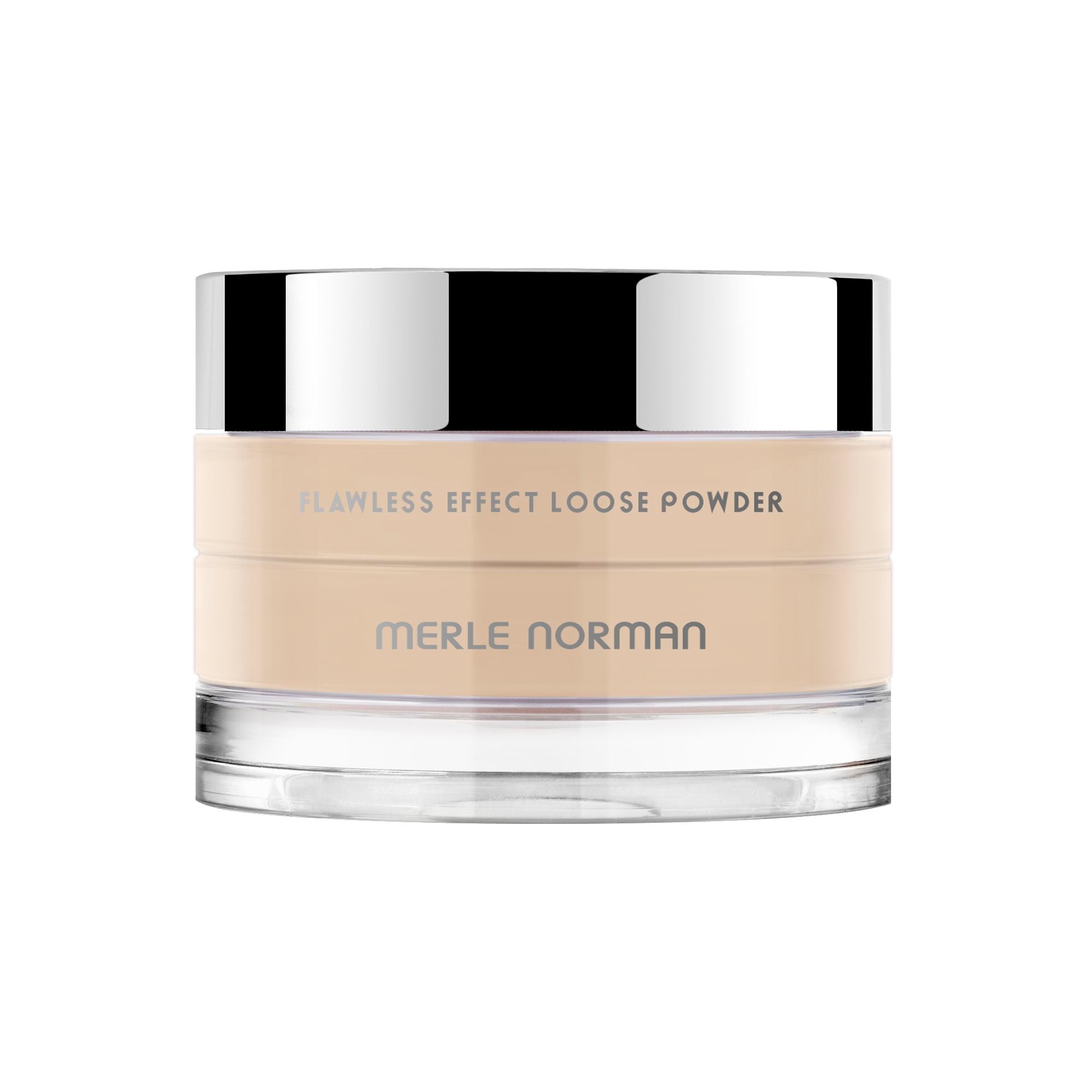 Merle Norman Cosmetics - Flawless Effect Loose Powder in a light neutral shade with a clear bottom jar and reflective silver lid, designed for a smooth, natural finish.