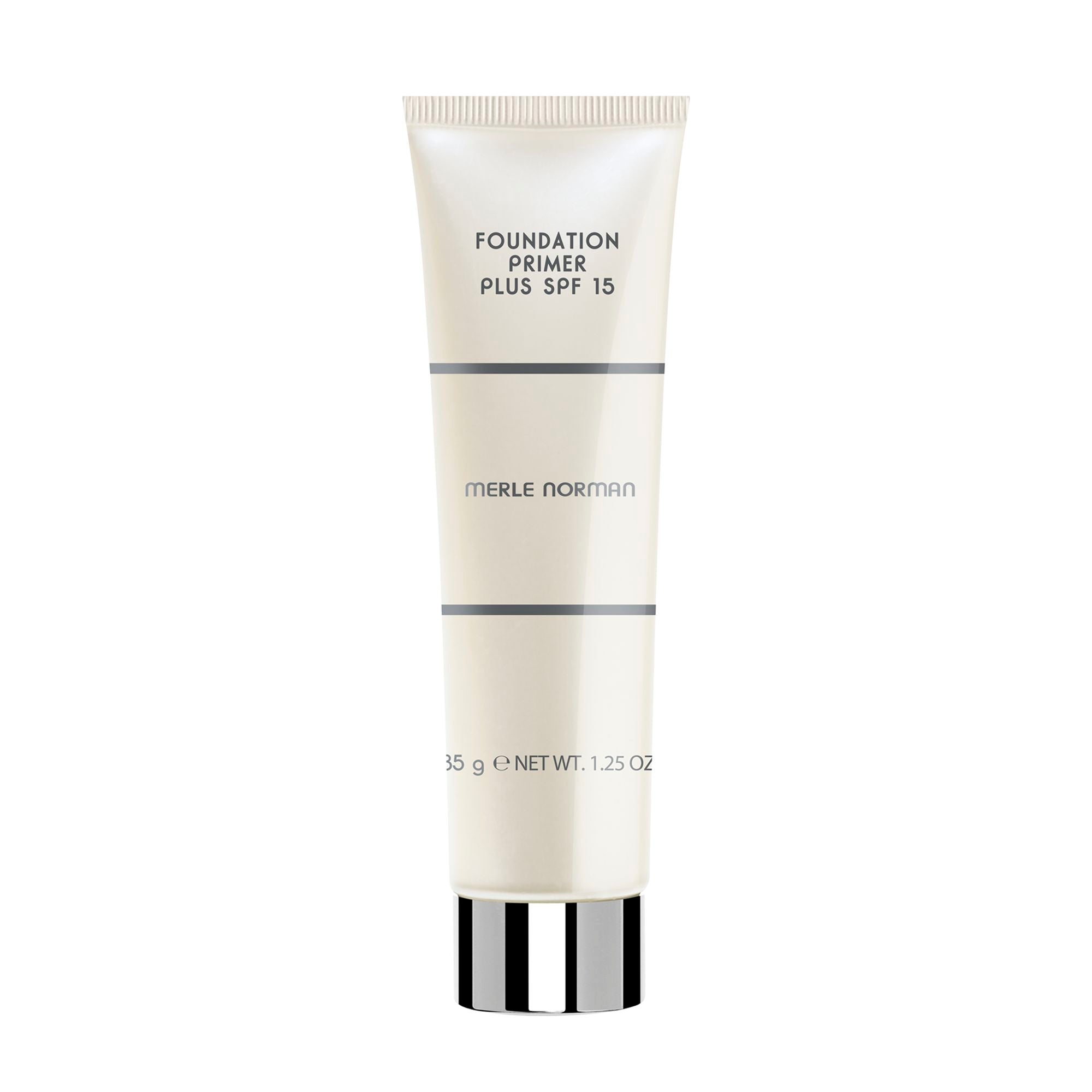 Tube of Merle Norman Cosmetics - Foundation Primer Plus SPF 15 with a sleek, minimal design, perfect for preparing skin with sun protection and smooth application.