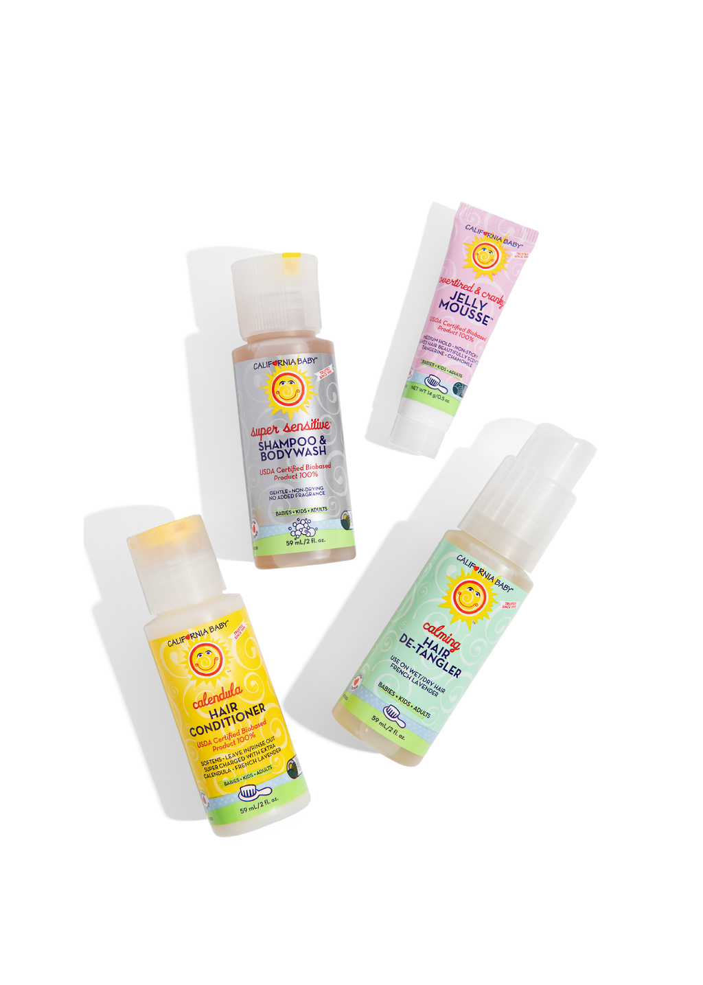 California Baby - Hair Care Sample Pack featuring gentle shampoo and bodywash, calendula hair conditioner, jelly mousse, and detangler in small travel-friendly bottles for sensitive skin.