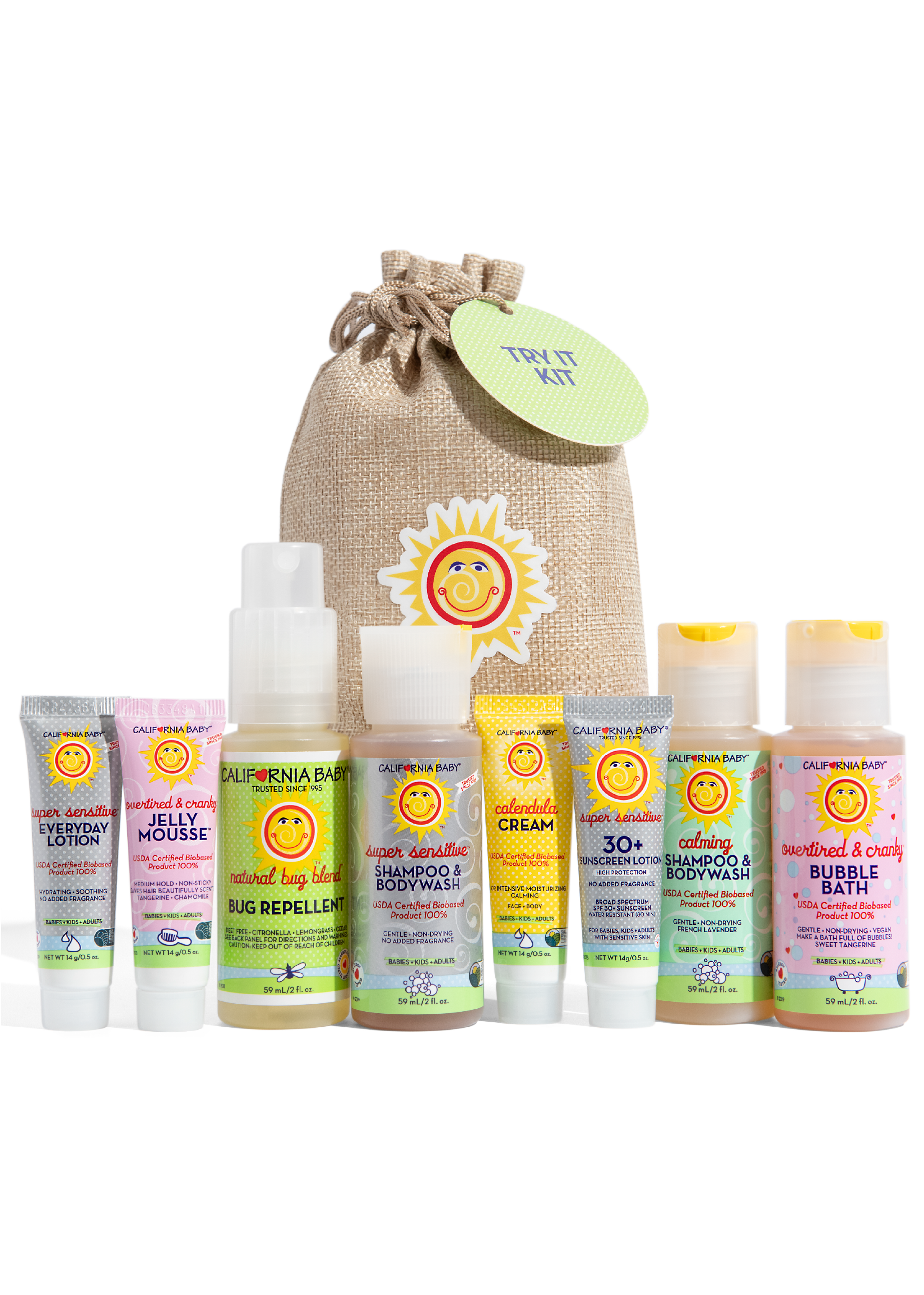 California Baby - Try It Kit featuring a collection of gentle baby care essentials including lotion, mousse, bug repellent, shampoo, bodywash, cream, and bubble bath, all displayed in front of a burlap drawstring bag with a sun logo tag.
