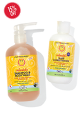 California Baby - Calendula™ Shampoo + Conditioner Bundle featuring gentle, calming shampoo and conditioner in bright yellow bottles, ideal for babies, kids, and adults.