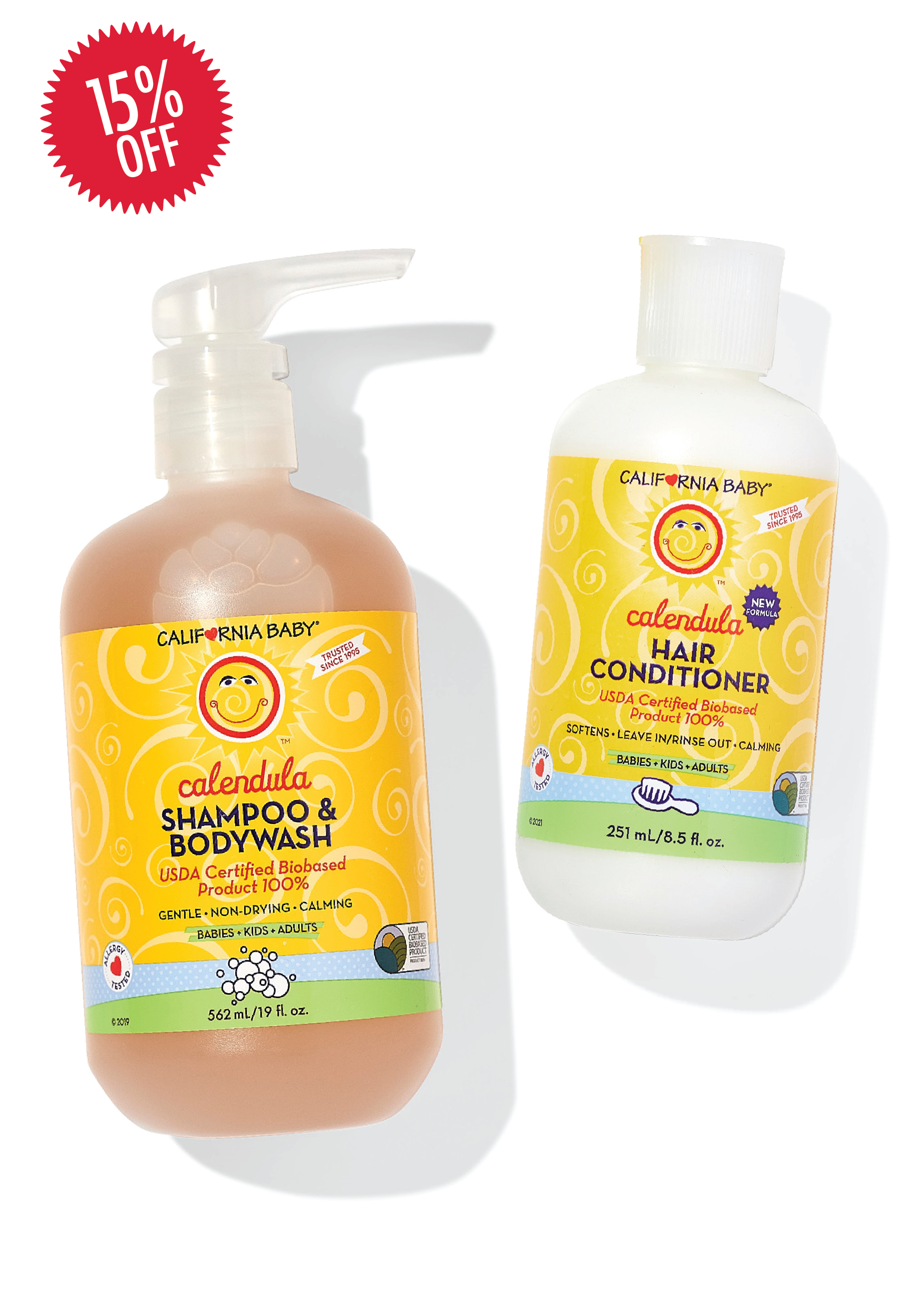 California Baby - Calendula™ Shampoo + Conditioner Bundle featuring gentle, calming shampoo and conditioner in bright yellow bottles, ideal for babies, kids, and adults.