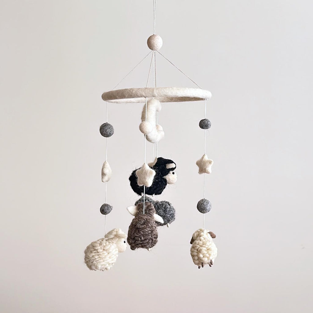 Mobile - Felt Baby Gray Sheep hanging mobile with soft, handcrafted felt sheep and stars in neutral tones, perfect for a cozy nursery or baby accessories collection.