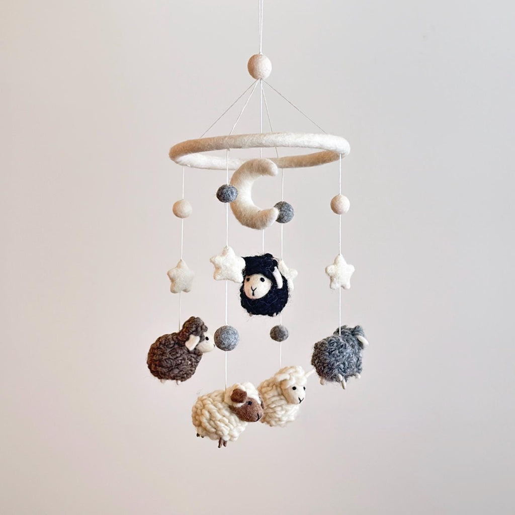 Mobile - Felt Baby Gray Sheep hanging nursery mobile with soft felt sheep, stars, moon, and neutral tones, perfect for a cozy children’s boutique nursery décor.