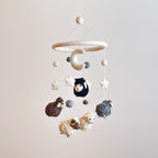 Mobile - Felt Baby Gray Sheep hanging nursery mobile with soft felt sheep, stars, moon, and neutral tones, perfect for a cozy children’s boutique nursery décor.