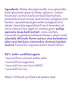 Ingredients list for California Baby - Calendula™ Moisturizing Handwash featuring organic extracts like calendula flower, aloe vera, jojoba oil, and soothing botanicals, ideal for gentle skin care in a curated children’s boutique setting.