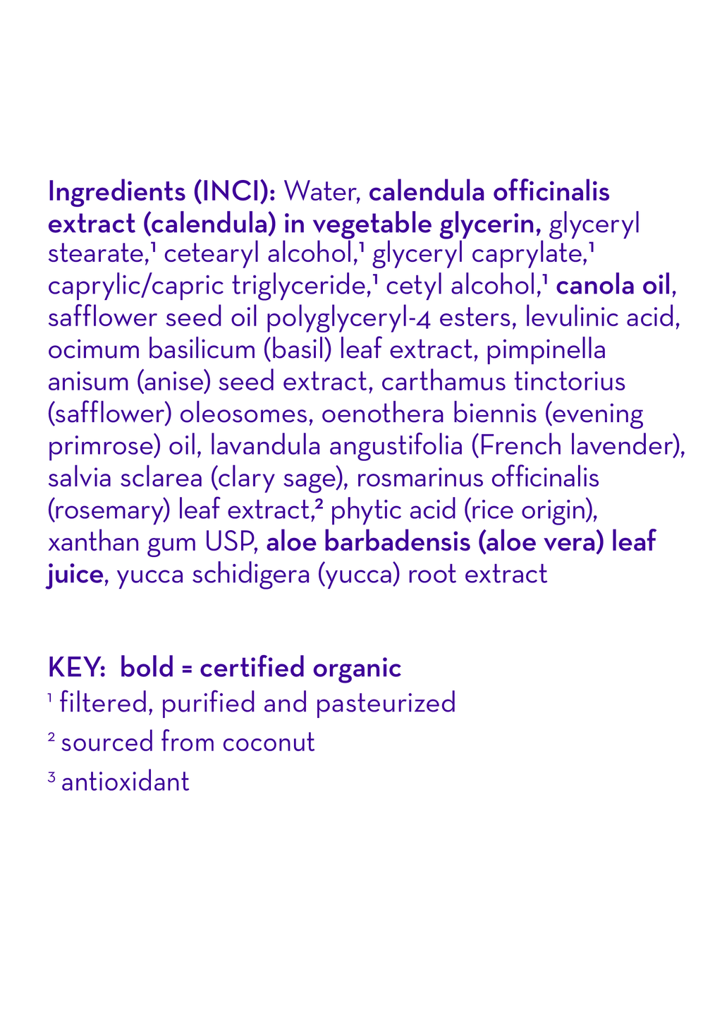Close-up of the ingredient list for California Baby - Calming™ Everyday Lotion highlighting organic calendula, aloe vera, and soothing botanical oils, reflecting a nature-inspired baby boutique wellness product.