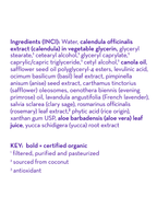Close-up of the ingredient list for California Baby - Calming™ Everyday Lotion highlighting organic calendula, aloe vera, and soothing botanical oils, reflecting a nature-inspired baby boutique wellness product.