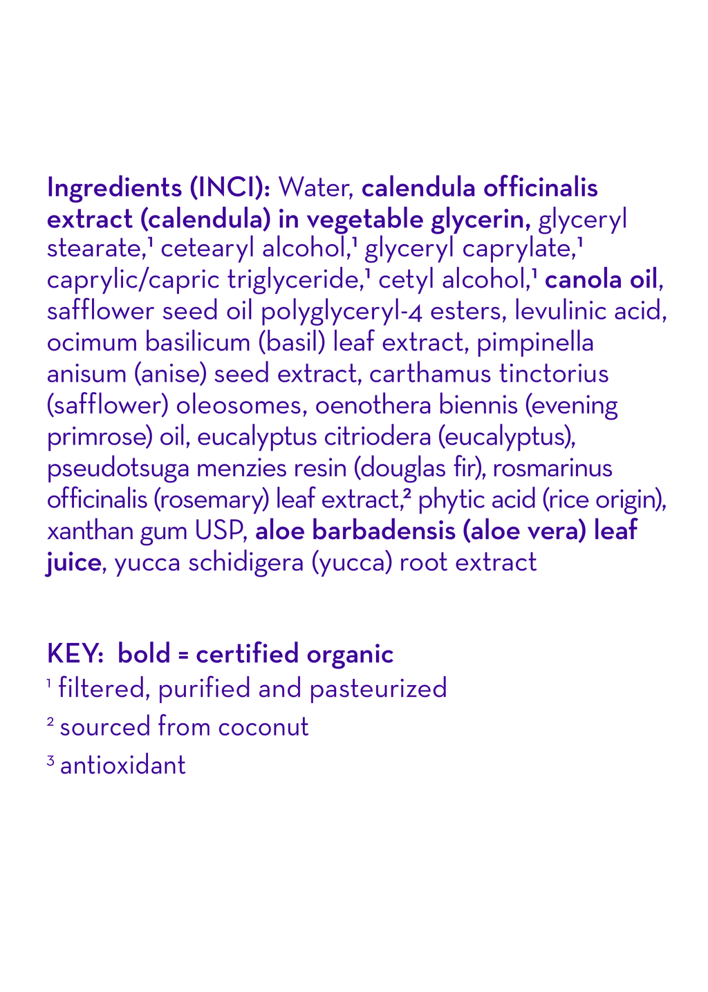 Close-up of the ingredients list for California Baby - Eucalyptus Ease™ Everyday Lotion highlighting natural and certified organic components such as calendula extract, canola oil, aloe vera leaf juice, and eucalyptus with a focus on soothing, eco-conscious wellness for babies and moms.